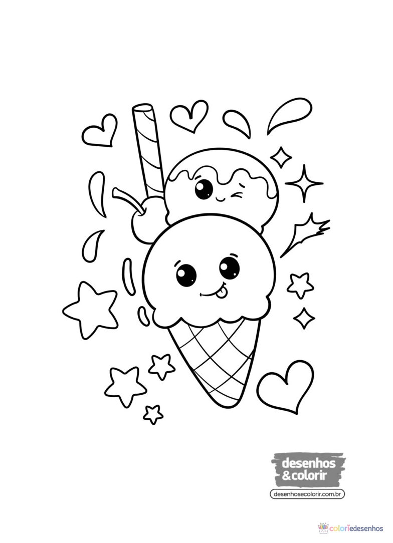Sorvete Kawaii para imprimir e colorir para colorir